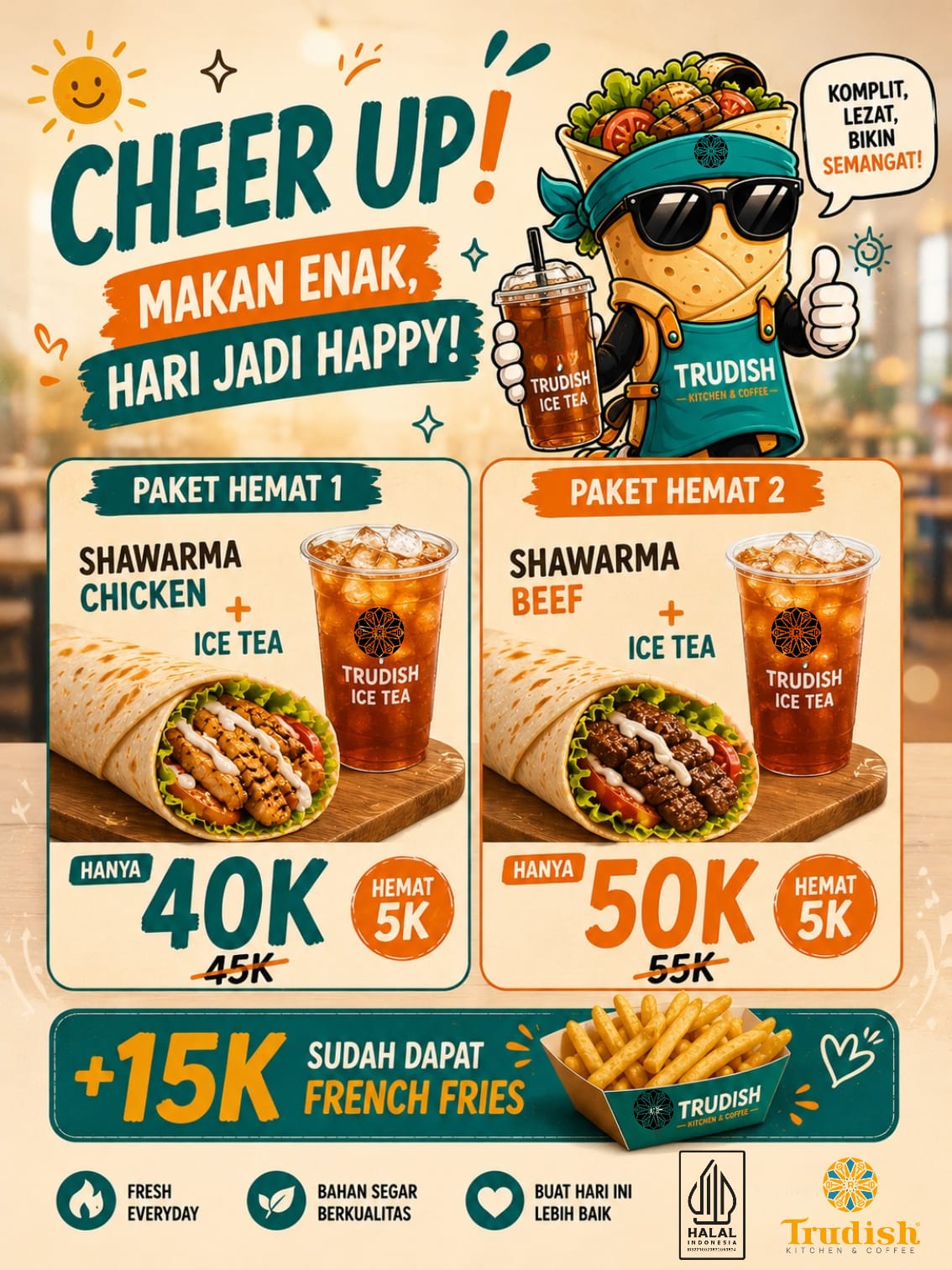 Poster promo Shawarma Chicken dan Ice Tea seharga Rp40.000